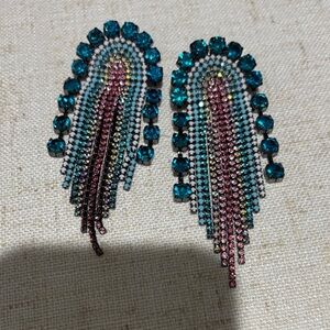 Multicolor Crystal Fringe Drop Earrings - Turquoise & Pink